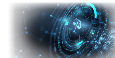 A scale representing justice in a ring of blue lights against a black background